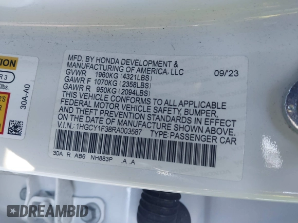 2024 Honda Accord EX with VIN 1HGCY1F38RA003587, listed as a IAAI auction lot 41742199 with 25,754 mi miles and . Bid and sale history available at DreamBid. Image 9.
