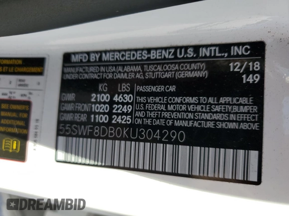 2019 Mercedes-Benz C 300 with VIN 55SWF8DB0KU304290, listed as a Copart auction lot 89271205 with 16,230 mi miles and Salvage Title. Bid and sale history available at DreamBid. Image 13.
