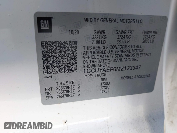 2021 Chevrolet Silverado 1500 Work Truck with VIN 1GCUYAEF6MZ123347, listed as a IAAI auction lot 41396309 with 120,729 mi miles and . Bid and sale history available at DreamBid. Image 9.