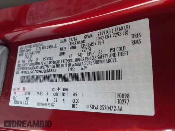 2017 Ford Escape SE with VIN 1FMCU9GD2HUB58323, listed as a IAAI auction lot 41769191 with 134,644 mi miles. Bid and sale history available at carsss.com. Image 9.