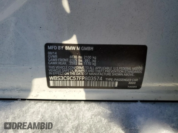 2015 BMW M3 with VIN WBS3C9C57FP803574, listed as a Copart auction lot 37294684 with 79,891 mi miles. Bid and sale history available at carsss.com. Image 12.