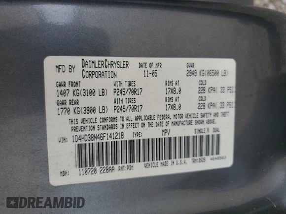 2006 Dodge Durango SXT with VIN 1D4HD38N46F141218, listed as a Copart auction lot 73291544 with 164,169 mi miles and Salvage title. Bid and sale history available at DreamBid. Image 13.