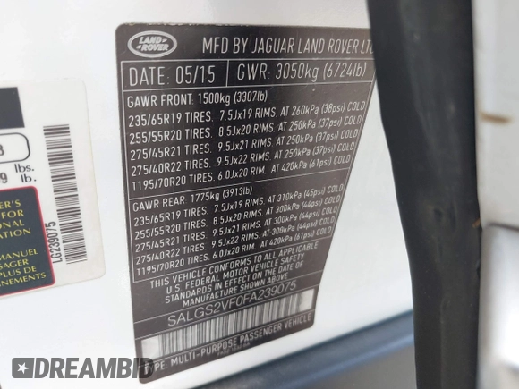2015 Land Rover Range Rover HSE with VIN SALGS2VF0FA239075, listed as a IAAI auction lot 42278987 with 99,398 mi miles and . Bid and sale history available at DreamBid. Image 9.
