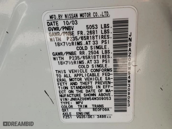 2004 Nissan Murano SL with VIN JN8AZ08W54W309053, listed as a Copart auction lot 74856154 with 0 mi miles and Salvage Title. Bid and sale history available at carsss.com. Image 13.