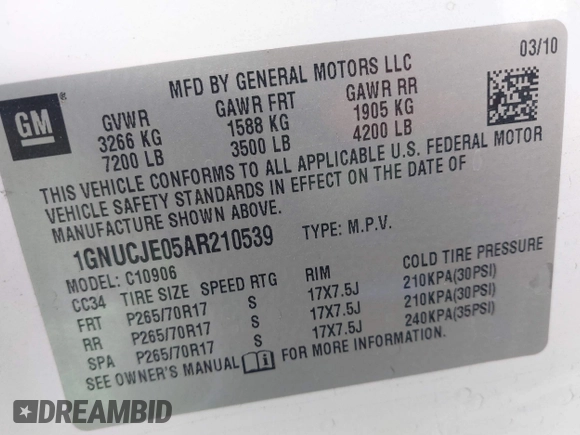 2010 Chevrolet Suburban LT with VIN 1GNUCJE05AR210539, listed as a IAAI auction lot 41805107 with 166,305 mi miles and . Bid and sale history available at DreamBid. Image 9.