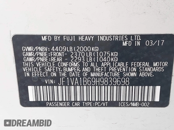 2017 Subaru WRX with VIN JF1VA1B69H9839698, listed as a IAAI auction lot 41820303 with 0 mi miles. Bid and sale history available at carsss.com. Image 9.