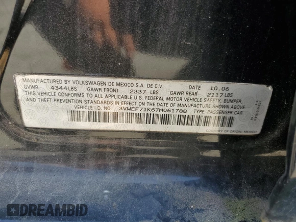 2007 Volkswagen Jetta Wolfsburg Edition with VIN 3VWEF71K67M061788, listed as a Copart auction lot 61759835 with 184,055 mi miles and Salvage title. Bid and sale history available at DreamBid. Image 12.