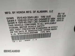 2018 Honda Pilot EX-L with VIN 5FNYF5H52JB022986, listed as a IAAI auction lot 41613038 with 1 mi miles. Bid and sale history available at carsss.com. Image 9.