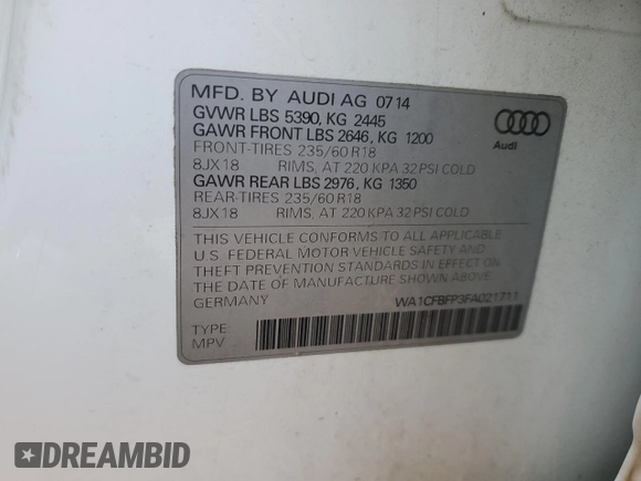 2015 Audi Q5 with VIN WA1CFBFP3FA021711, listed as a Copart auction lot 71991832 with Not provided miles and . Bid and sale history available at DreamBid. Image 16.