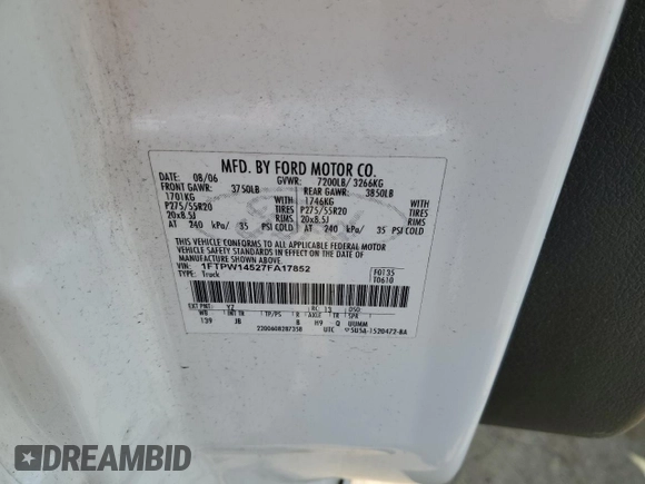 2007 Ford F-150 XLT z VIN 1FTPW14527FA17852, wystawiony jako Copart lot #60292485 z przebiegiem 189 295 mil mil oraz Czysty tytuł • Clean title. Historia ofert i sprzedaży dostępna na DreamBid. Obrazek 12.