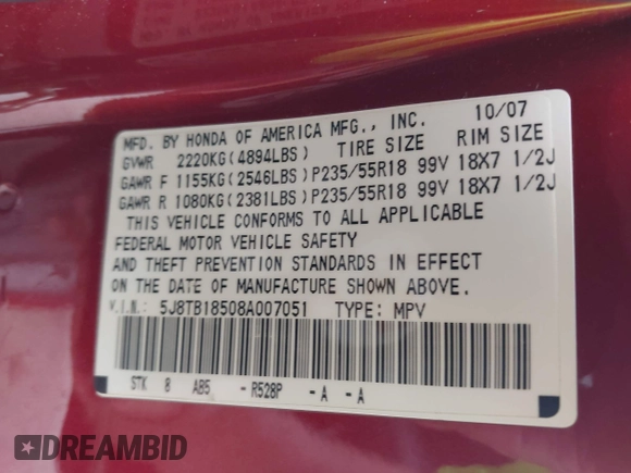 2008 Acura RDX Technology z VIN 5J8TB18508A007051, wystawiony jako IAAI lot #42044312 z przebiegiem 139 419 mil mil oraz . Historia ofert i sprzedaży dostępna na DreamBid. Obrazek 9.