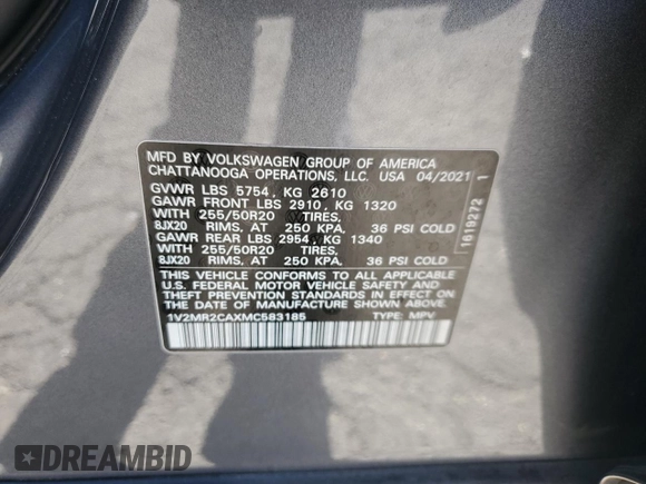 2021 Volkswagen Atlas SE with VIN 1V2MR2CAXMC583185, listed as a Copart auction lot 89405925 with 49,175 mi miles and Salvage title. Bid and sale history available at DreamBid. Image 13.