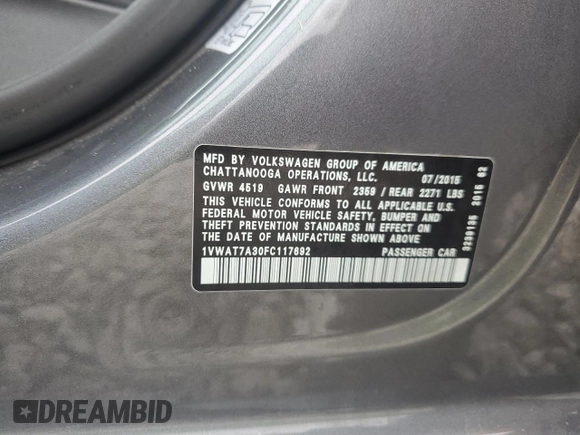 2015 Volkswagen Passat Wolfsburg Edition with VIN 1VWAT7A30FC117692, listed as a Copart auction lot 55518375 with 126,724 mi miles and Clean title. Bid and sale history available at DreamBid. Image 13.