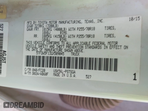 2016 Toyota Tundra SR5 z VIN 5TFDW5F13GX509045, wystawiony jako IAAI lot #41554023 z przebiegiem 165 026 mil mil oraz . Historia ofert i sprzedaży dostępna na DreamBid. Obrazek 9.