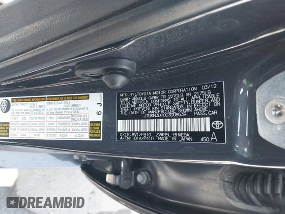 2012 Toyota Prius with VIN JTDKN3DP0C3008539, listed as a IAAI auction lot 42586722 with 132,680 mi miles and . Bid and sale history available at DreamBid. Image 9.
