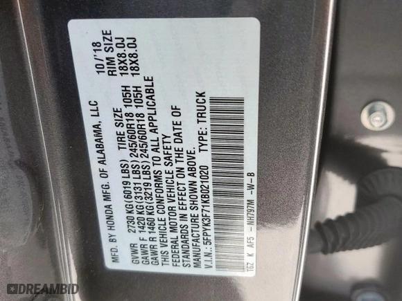 2019 Honda Ridgeline RTL-E with VIN 5FPYK3F71KB021020, listed as a Copart auction lot 52617435 with 75,399 mi miles and Salvage Title. Bid and sale history available at carsss.com. Image 13.