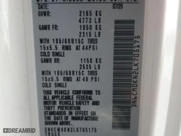 2020 Nissan NV200 Compact Cargo S with VIN 3N6CM0KN2LK705175, listed as a Copart auction lot 45762445 with 165,845 mi miles and Salvage Title. Bid and sale history available at carsss.com. Image 12.