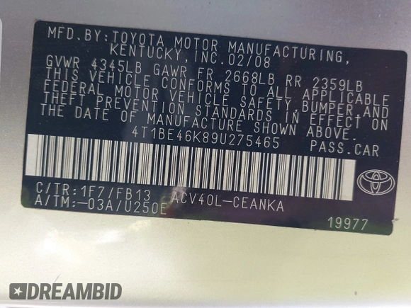 2009 Toyota Camry with VIN 4T1BE46K89U275465, listed as a IAAI auction lot 42142483 with 147,561 mi miles and . Bid and sale history available at DreamBid. Image 9.