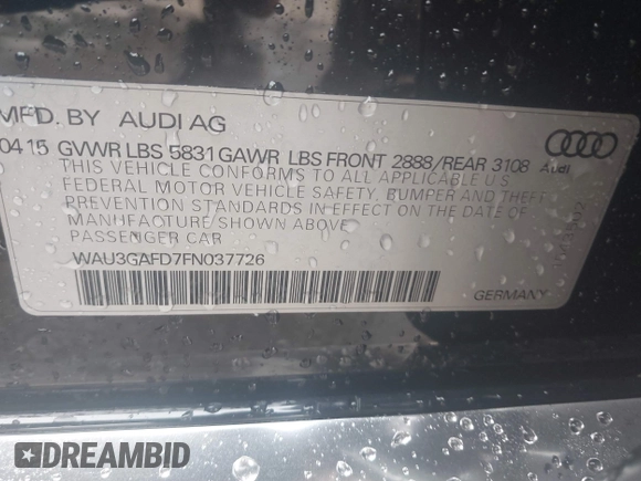 2015 Audi A8 3.0T with VIN WAU3GAFD7FN037726, listed as a IAAI auction lot 41793699 with 100,773 mi miles and . Bid and sale history available at DreamBid. Image 9.