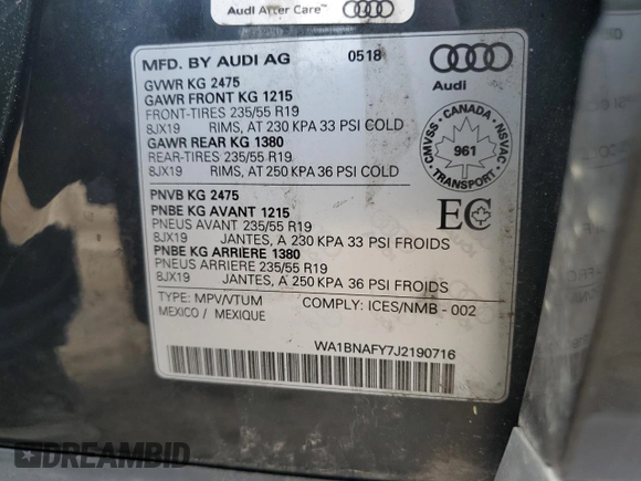 2018 Audi Q5 Premium Plus with VIN WA1BNAFY7J2190716, listed as a Copart auction lot 61136185 with 105,973 mi miles and Clean title. Bid and sale history available at DreamBid. Image 13.
