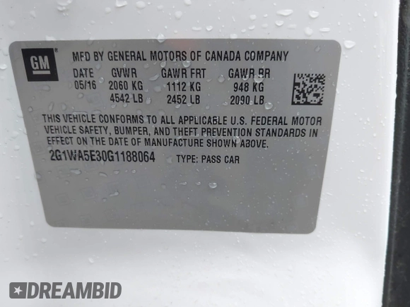 2016 Chevrolet Impala LS with VIN 2G1WA5E30G1188064, listed as a IAAI auction lot 42393933 with 135,978 mi miles and . Bid and sale history available at DreamBid. Image 9.