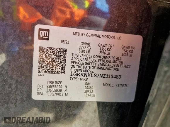 2022 GMC Acadia Denali with VIN 1GKKNXLS7NZ113483, listed as a Copart auction lot 61395605 with 64,934 mi miles and Salvage title. Bid and sale history available at DreamBid. Image 13.