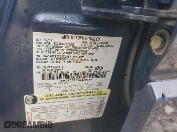 2005 Ford Freestyle Limited z VIN 1FMDK03125GA70464, wystawiony jako Copart lot #72003044 z przebiegiem 259 595 mil mil oraz Szkoda całkowita • Salvage title. Historia ofert i sprzedaży dostępna na DreamBid. Obrazek 14.