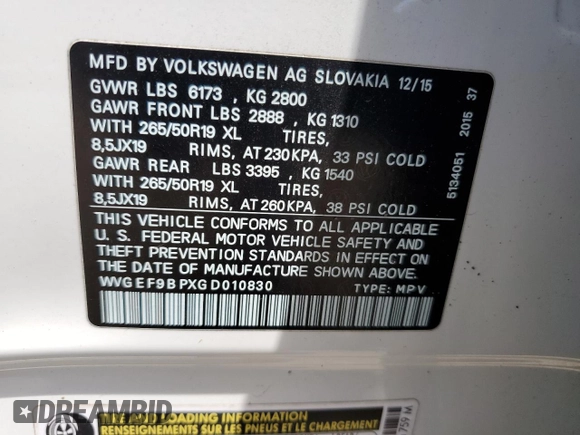 2016 Volkswagen Touareg Sport with VIN WVGEF9BPXGD010830, listed as a Copart auction lot 58663734 with 148,091 mi miles and Salvage Title. Bid and sale history available at DreamBid. Image 12.