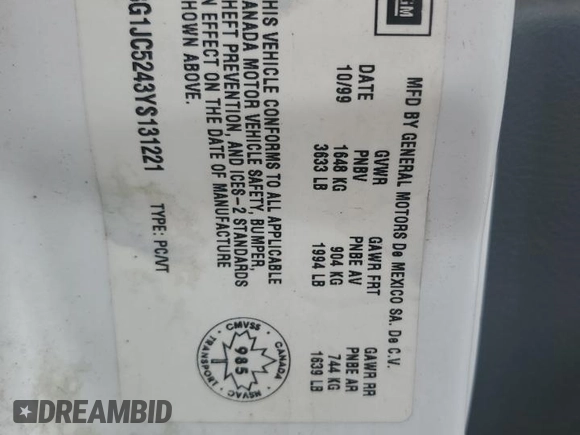 2000 Chevrolet Cavalier z VIN 3G1JC5243YS131221, wystawiony jako Copart lot #57304825 z przebiegiem 227 352 mil mil oraz Szkoda całkowita • Salvage title. Historia ofert i sprzedaży dostępna na DreamBid. Obrazek 12.