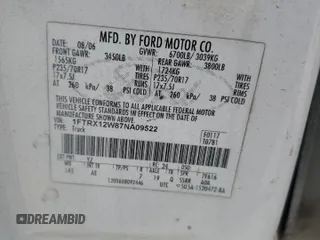 2007 Ford F-150 STX with VIN 1FTRX12W87NA09522, listed as a Copart auction lot 43611105 with Not provided miles and Salvage title. Bid and sale history available at DreamBid. Image 12.