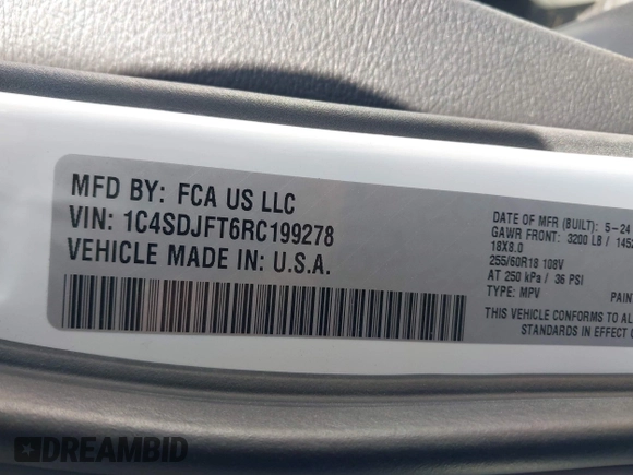 2024 Dodge Durango Special Service with VIN 1C4SDJFT6RC199278, listed as a IAAI auction lot 42099231 with Not provided miles and . Bid and sale history available at DreamBid. Image 9.