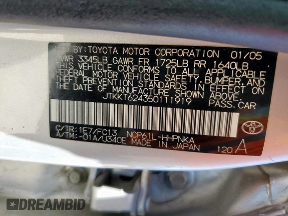 2005 Scion xA z VIN JTKKT624350111919, wystawiony jako Copart lot #54123035 z przebiegiem 193 735 mil mil oraz Szkoda całkowita • Salvage title. Historia ofert i sprzedaży dostępna na DreamBid. Obrazek 13.