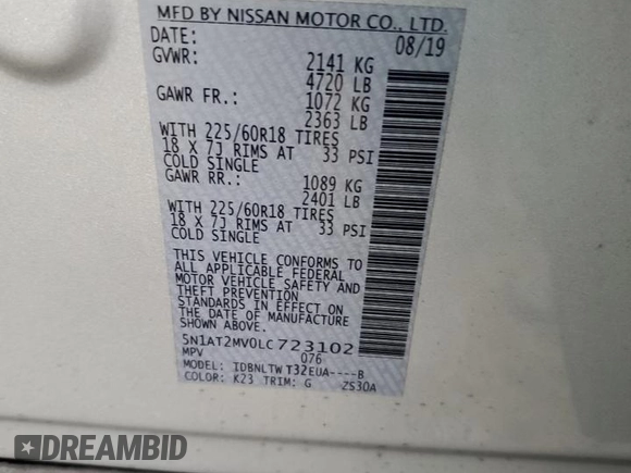 2020 Nissan Rogue SL with VIN 5N1AT2MV0LC723102, listed as a Copart auction lot 49708015 with 69,073 mi miles and Salvage Title. Bid and sale history available at DreamBid. Image 13.