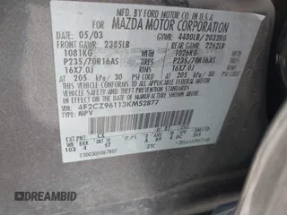 2003 Mazda Tribute ES with VIN 4F2CZ96113KM52877, listed as a IAAI auction lot 42217251 with 218,475 mi miles and . Bid and sale history available at DreamBid. Image 9.