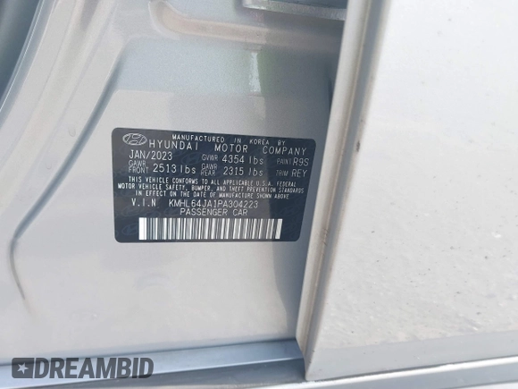 2023 Hyundai Sonata SEL with VIN KMHL64JA1PA304223, listed as a IAAI auction lot 41868606 with 17,466 mi miles and . Bid and sale history available at DreamBid. Image 9.