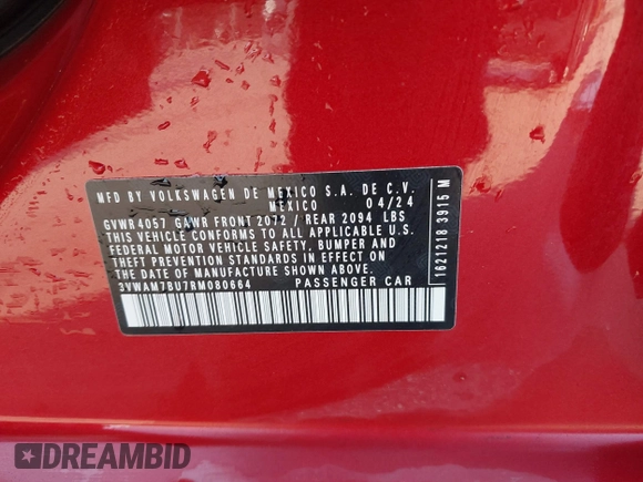 2024 Volkswagen Jetta Sport z VIN 3VWAM7BU7RM080664, wystawiony jako IAAI lot #41974493 z przebiegiem 14 254 mil mil oraz . Historia ofert i sprzedaży dostępna na DreamBid. Obrazek 9.