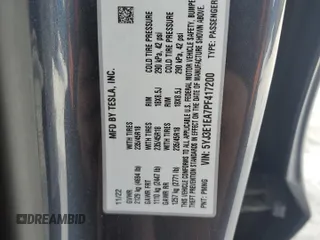 2023 Tesla Model 3 with VIN 5YJ3E1EA7PF417200, listed as a Copart auction lot 46475995 with 85,873 mi miles and Salvage Title. Bid and sale history available at DreamBid. Image 12.