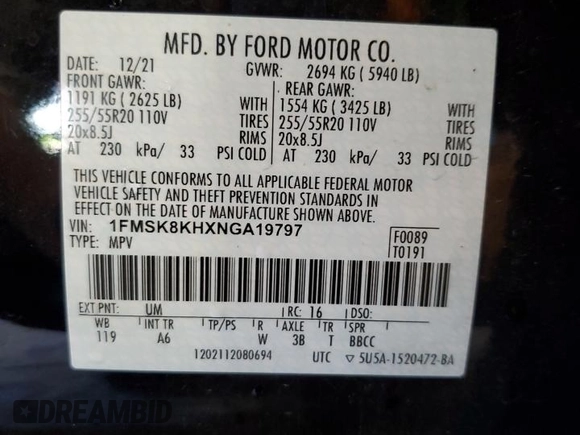 2022 Ford Explorer ST-Line z VIN 1FMSK8KHXNGA19797, wystawiony jako Copart lot #54931965 z przebiegiem 24 802 mil mil oraz Szkoda całkowita • Salvage title. Historia ofert i sprzedaży dostępna na DreamBid. Obrazek 13.