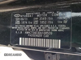 2013 Hyundai Accent GS z VIN KMHCT5AE3DU138539, wystawiony jako Copart lot #57944965 z przebiegiem Nie podano mil oraz Czysty tytuł • Clean title. Historia ofert i sprzedaży dostępna na DreamBid. Obrazek 12.