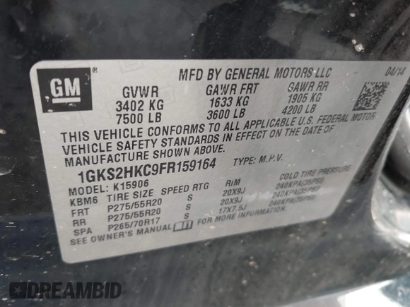 2015 GMC Yukon XL SLT with VIN 1GKS2HKC9FR159164, listed as a IAAI auction lot 41235420 with 136,730 mi miles. Bid and sale history available at carsss.com. Image 9.