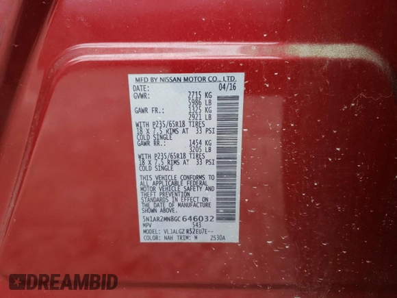 2016 Nissan Pathfinder Platinum with VIN 5N1AR2MN8GC646032, listed as a Copart auction lot 58304595 with 79,979 mi miles and Salvage title. Bid and sale history available at DreamBid. Image 14.