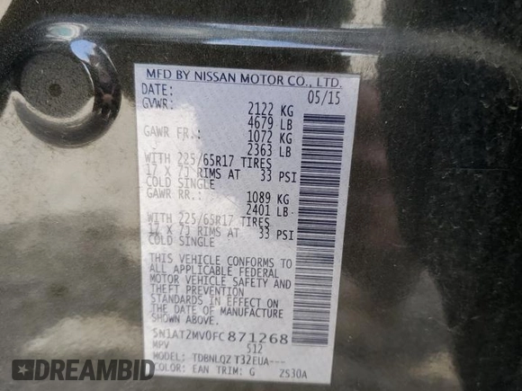 2015 Nissan Rogue SV with VIN 5N1AT2MV0FC871268, listed as a Copart auction lot 54258755 with 89,786 mi miles and Salvage Title. Bid and sale history available at DreamBid. Image 13.