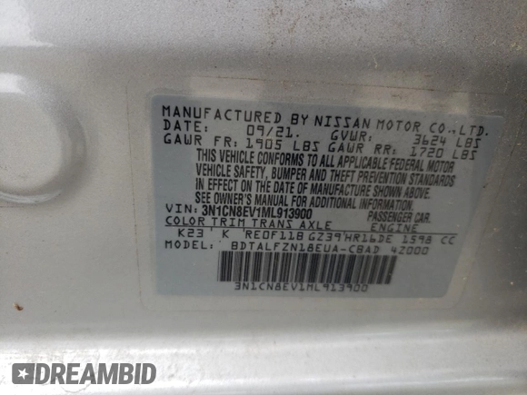 2021 Nissan Versa SV with VIN 3N1CN8EV1ML913900, listed as a Copart auction lot 54610095 with 7,698 mi miles and Salvage title. Bid and sale history available at DreamBid. Image 12.