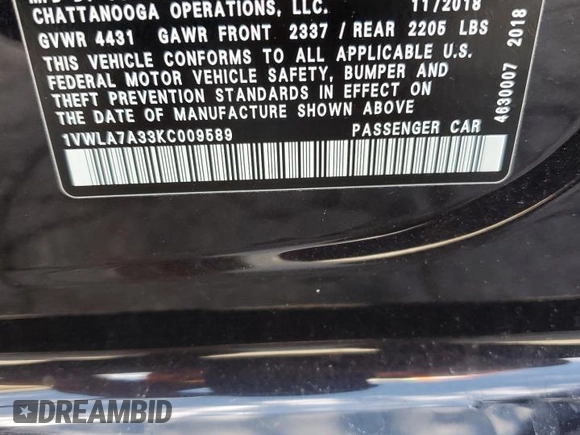 2019 Volkswagen Passat 2.0T Wolfsburg Edition with VIN 1VWLA7A33KC009589, listed as a Copart auction lot 45792655 with 92,187 mi miles and Salvage Title. Bid and sale history available at carsss.com. Image 14.