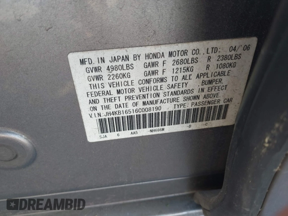 2006 Acura RL with VIN JH4KB16516C008190, listed as a IAAI auction lot 42433002 with 216,426 mi miles and . Bid and sale history available at DreamBid. Image 9.