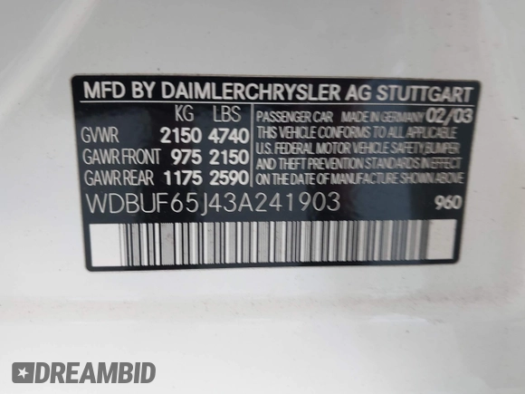 2003 Mercedes-Benz E 320 with VIN WDBUF65J43A241903, listed as a IAAI auction lot 42157490 with 122,773 mi miles and . Bid and sale history available at DreamBid. Image 9.