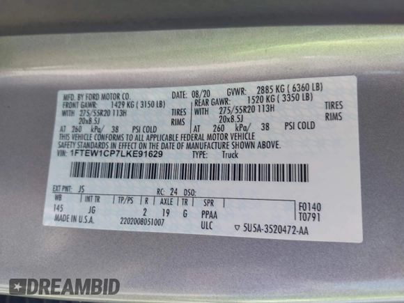 2020 Ford F-150 XL with VIN 1FTEW1CP7LKE91629, listed as a IAAI auction lot 42276193 with 101,788 mi miles and . Bid and sale history available at DreamBid. Image 9.