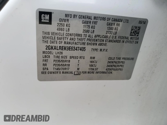 2014 GMC Terrain SLE with VIN 2GKALREK9E6347405, listed as a Copart auction lot 56451285 with 204,069 mi miles and Salvage title. Bid and sale history available at DreamBid. Image 13.