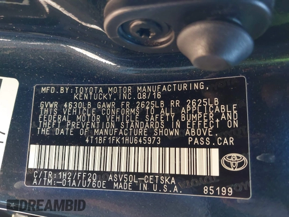 2017 Toyota Camry XLE with VIN 4T1BF1FK1HU645973, listed as a IAAI auction lot 41689649 with 143,068 mi miles and . Bid and sale history available at DreamBid. Image 9.