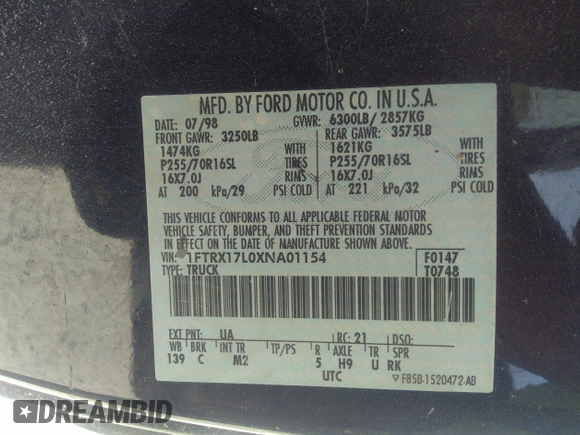1999 Ford F-150 XL with VIN 1FTRX17L0XNA01154, listed as a IAAI auction lot 42417690 with 334,508 mi miles and . Bid and sale history available at DreamBid. Image 9.